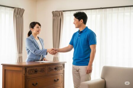 握手する査定員と利用者
