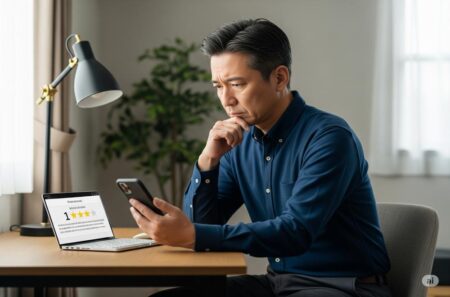スマホを見て暗い顔をする男性