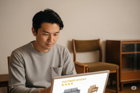 口コミをPCで調べている男性